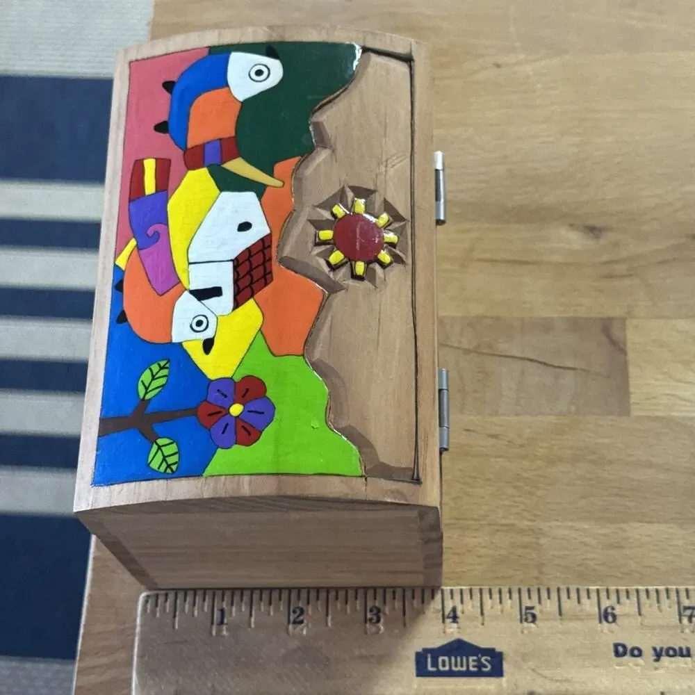 Vintage Wooden Handmade Hand Painted Trinket Box Folk Art Made in El Salvador